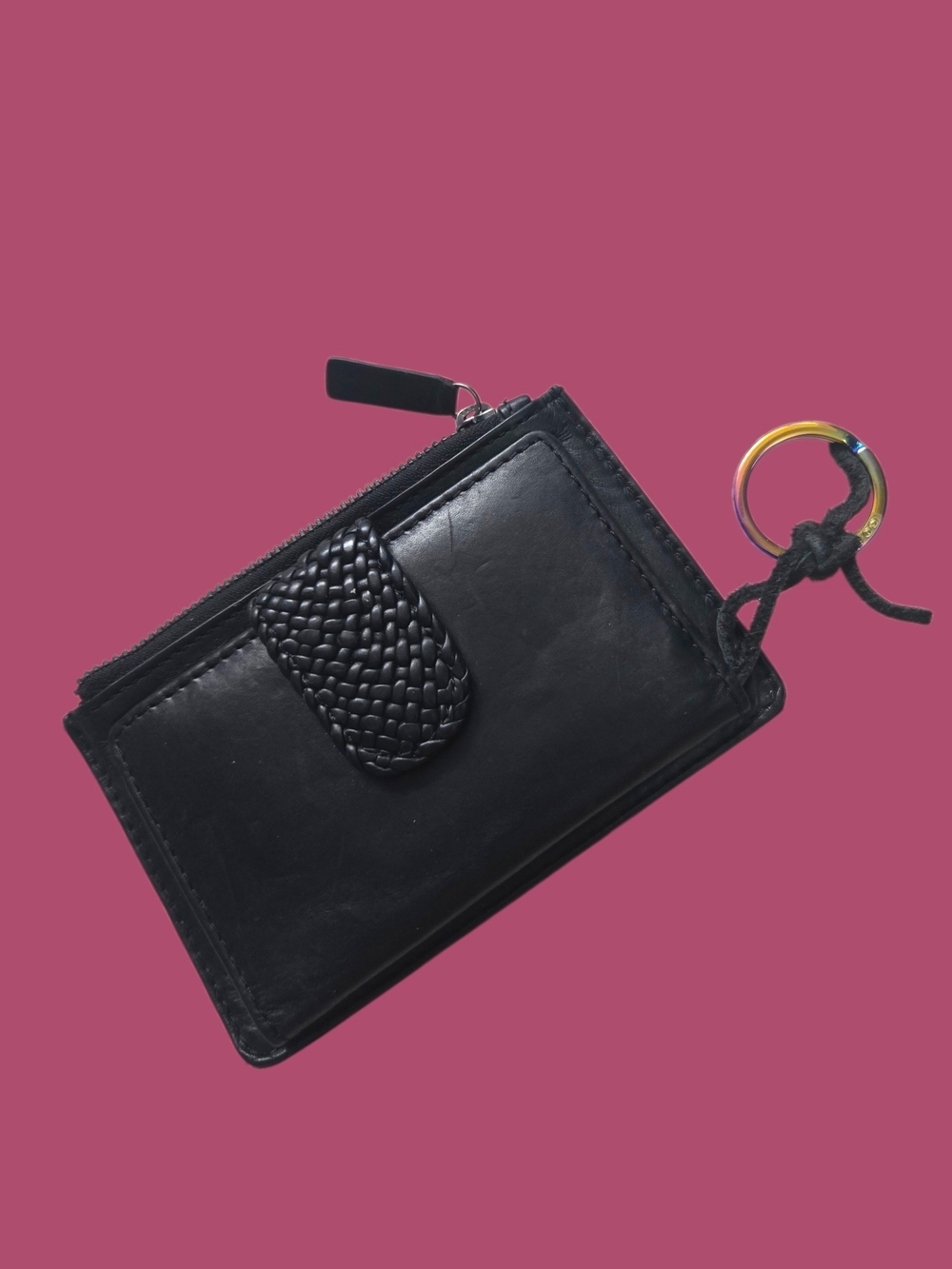 Black Woven Accent Leather Card Wallet with Key Ring